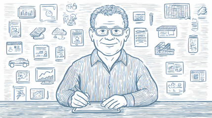 writing pitch on tablet surrounded by business icons