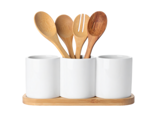 Rustic charm, wooden spoon and two white cups with spoons on a table setting wooden