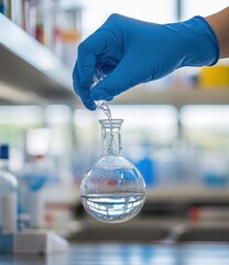 A gloved hand adds liquid to a flask in a laboratory setting.  Clear liquid is being poured.  Background features lab equipment