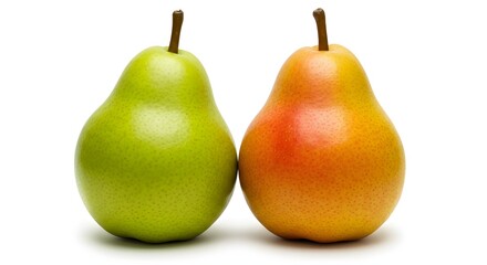 A green and a red-yellow pear standing side by side, highlighting the color variation of ripeness.