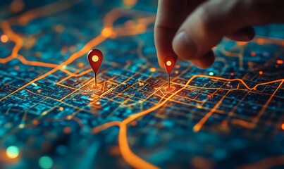 Naklejka premium Detailed map with two vibrant pins marking start and destination points for GPS navigation and route planning concept 