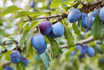 Fresh Blue and Purple Plums Hanging on a Branch Surrounded by Green Leaves in a Garden Setting