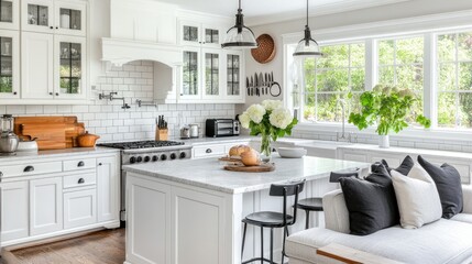 Fototapeta premium Spacious, bright kitchen interior design with island and windows.