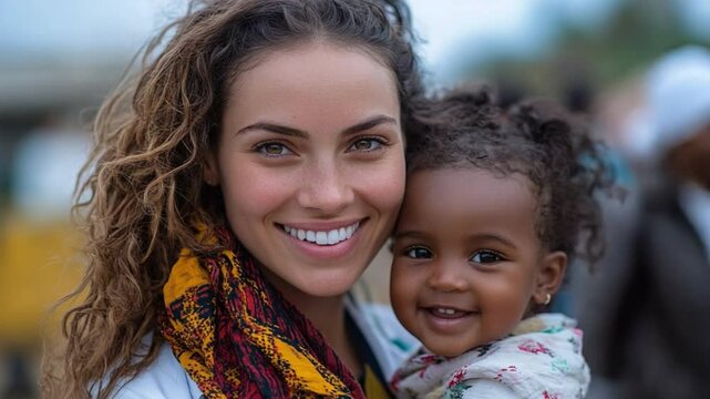 A heartwarming image of a mother lovingly cradling her child, their faces lit with radiant smiles and brimming with unconditional affection. The photo exudes warmth, love.