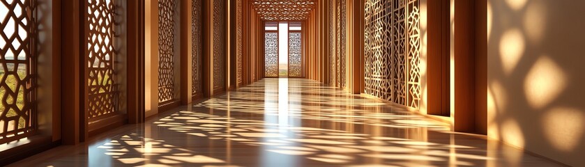 Symmetrical wooden corridor with intricate latticework warm sunlight streaming through casting geometric shadows along the polished floor creating a serene and peaceful ambiance