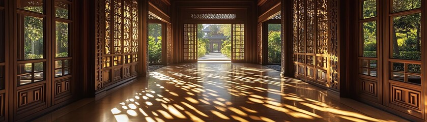 Symmetrical wooden corridor with intricate latticework warm sunlight streaming through casting geometric shadows along the polished floor creating a serene and peaceful ambiance