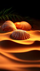 Seashells resting on warm, sandy dunes.
