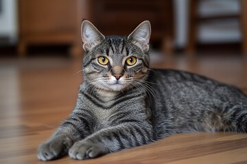 Obraz premium A cute gray tabby cat with yellow eyes lying on the wooden floor, looking at the camera, with a blurred background of a home interior. generative ai
