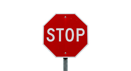 A red stop sign with white lettering on a metal pole against a black isolated background scene view