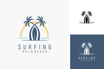 Surfboard and palm beach for surfing logo symbol icon design