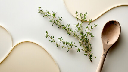 Fresh Thyme Sprig with Wooden Spoon on a Neutral Surface