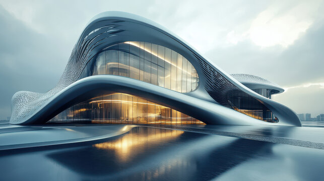 Modern White and Grey Curved Luxury House with Water Reflection