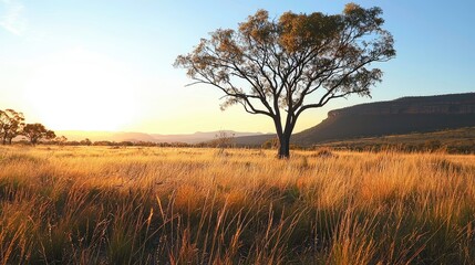 Fototapeta premium A soft, golden sunset over a quiet meadow with tall grass, highlighting the strong, majestic tree standing in the middle.