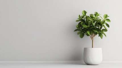 Indoor green plant in a white pot beside a clean, minimalistic wall, creating a calm and fresh ambiance