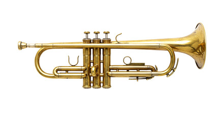 A shiny golden trumpet is displayed horizontally against a completely black background in a studio shot