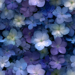 幻想的なアジサイのシームレスパターン、青と紫の優美な花模様