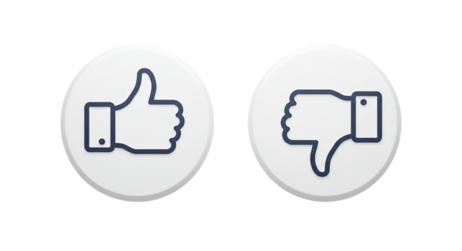 Two circular buttons displaying a thumbs up and a thumbs down icon against a white background