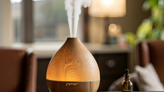 Aromatherapy diffuser releasing mist in a cozy home setting  
