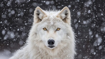 Obraz premium Majestic arctic wolf stares intensely amidst falling snow. Eyes glow