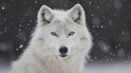 Obraz premium Majestic arctic wolf stares intensely, snowflakes falling around it