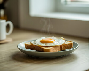 Warm Steaming Fried Egg on Toasted Bread for Breakfast