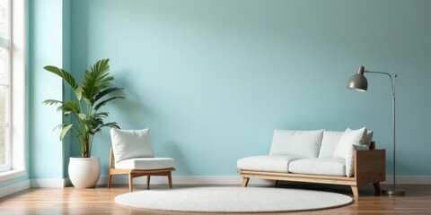 Fototapeta premium Serene Living Room Interior Design with Light Blue Walls, Wooden Furniture, and Lush Greenery