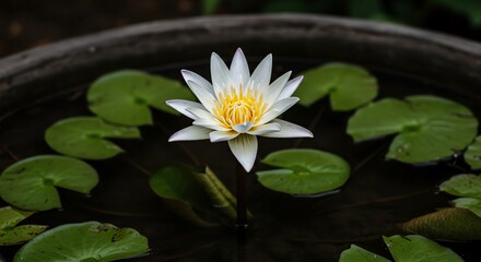 White Lotus Flower in Water with Lily Pads