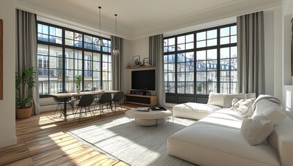 Spacious, modern apartment interior with large windows.