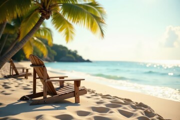 Serene coastal escape sun-kissed sand, inviting wooden chairs beneath swaying palm trees, tranquil ocean waves gently lapping the shore, promising blissful relaxation and rejuvenation
