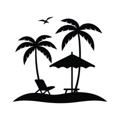 Tropical Beach Silhouette Palm Trees, Beach Chair, and Umbrella Illustration