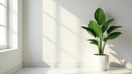 Fototapeta premium Serene Minimalist Room Decor Lush Green Plant in a Modern White Pot Basking in Sunlight by a Window