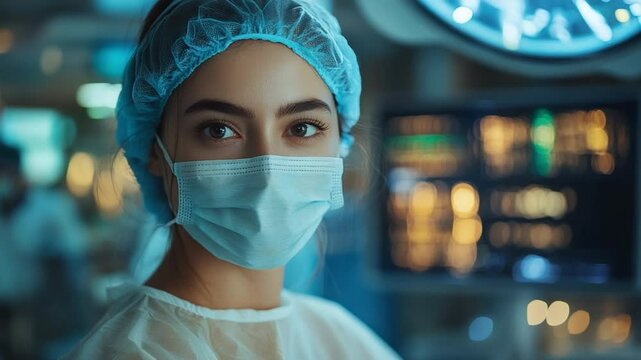 A medical professional, donned in surgical attire, gazes directly at the viewer with unwavering focus, the scene conveying professionalism, expertise, and care.