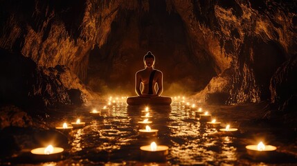 A spiritual scene of Buddha meditating in the lotus position in a dark cave, his figure softly illuminated by the flickering flames of burning candles.