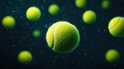 Green Tennis Balls in Space with Sparkles and Blurred Background for Sports and Fitness Themes