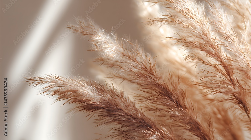 Poster close up of pampas grass texture on neutral beige background with sunlight scandinavian boho minimal