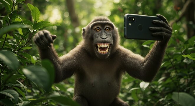 Monkey selfie in jungle with phone