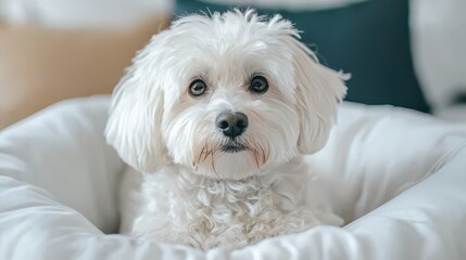 Adorable fluffy white dog sitting in cozy round bed with curious expression in bright indoor setting