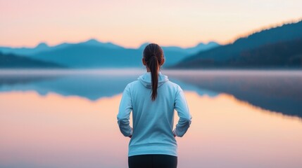 Calm Reflection by the Tranquil Lake at Sunrise with a Young Woman in Activewear Enjoying Nature's Beauty