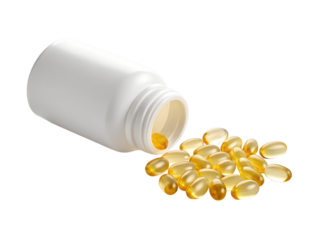 White plastic bottle overflowing with golden yellow fish oil capsules isolated on transparent background