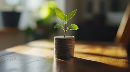 A stack of coins on a wooden desk with a small plant sprouting in front of it, symbolizing steady and secure financial growth.