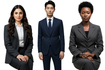 Studio portrait of three diverse young adult business professionals, two women and one man, wearing suits against a transparent background.