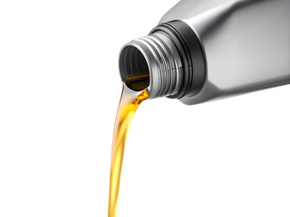 Engine oil pouring from a metal container isolated on transparent background