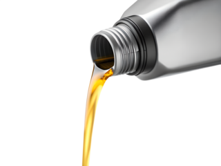 Engine oil pouring from a metal container isolated on transparent background