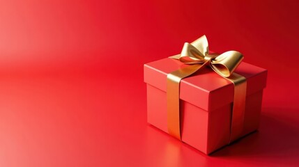 Fototapeta premium A scarlet gift box with a gold ribbon, elegantly presented against a matching backdrop, symbolizes celebration and gifting