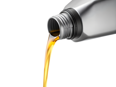 Engine oil pouring from a metal container isolated on transparent background