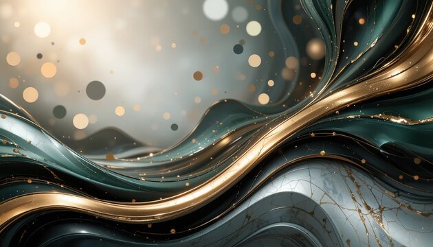 Emerald and Gold Abstract Waves with Bokeh Lights and Marble Vei