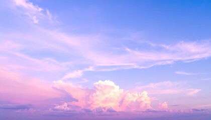 Obraz premium A fluffy, large white cloud drifts across a bright blue sky, casting a soft shadow on the landscape below, creating a serene and tranquil atmosphere.