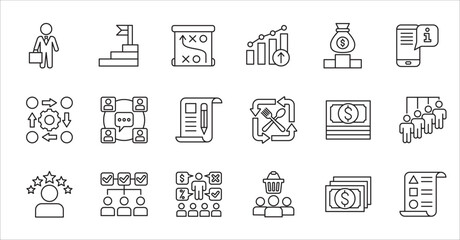 Business company and Management icon set. Contains symbol of success, data, reward, work, money, employee, businessman, target, finance, lunchtime, task, shop, meeting, education. Vector illustration