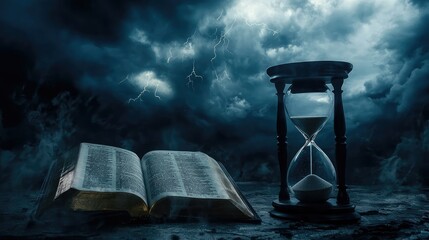 A stormy sky above, with an open Bible and a crumbling hourglass beside it, signifying the end of time and the judgment to come.