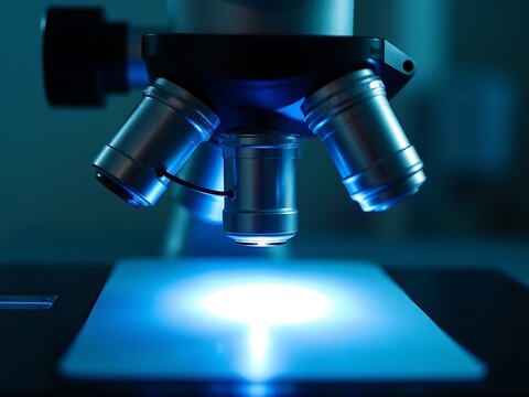Multiple Objective Lenses Of A Microscope Hover Above A Glass Slide Illuminated By A Strong Blue Light On The Stage In A Dim Laboratory, scientific research, microscopic analysis - Powered by Adobe